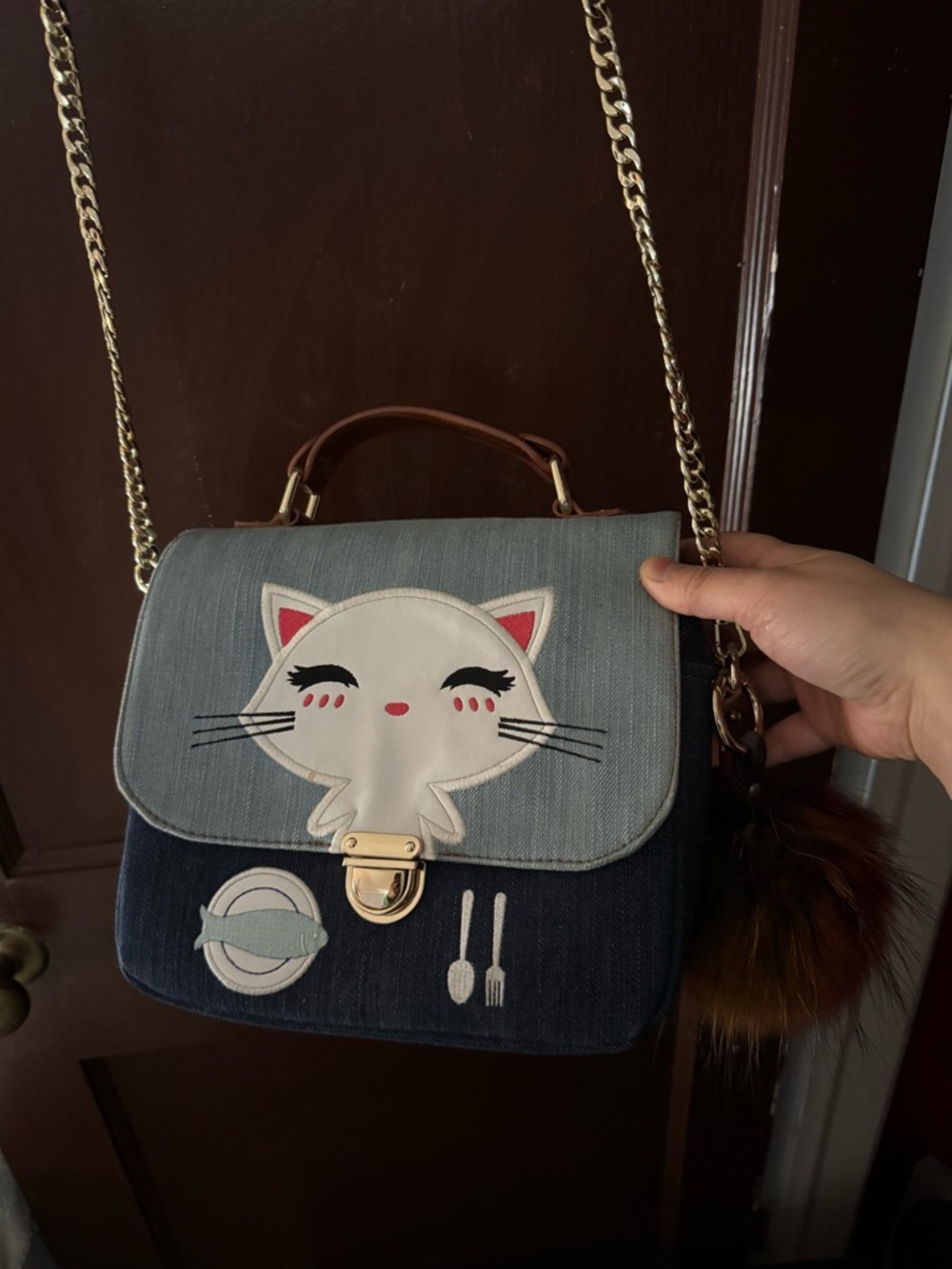 Casual Cat Appliqué Denim Crossbody Bag - Blue
